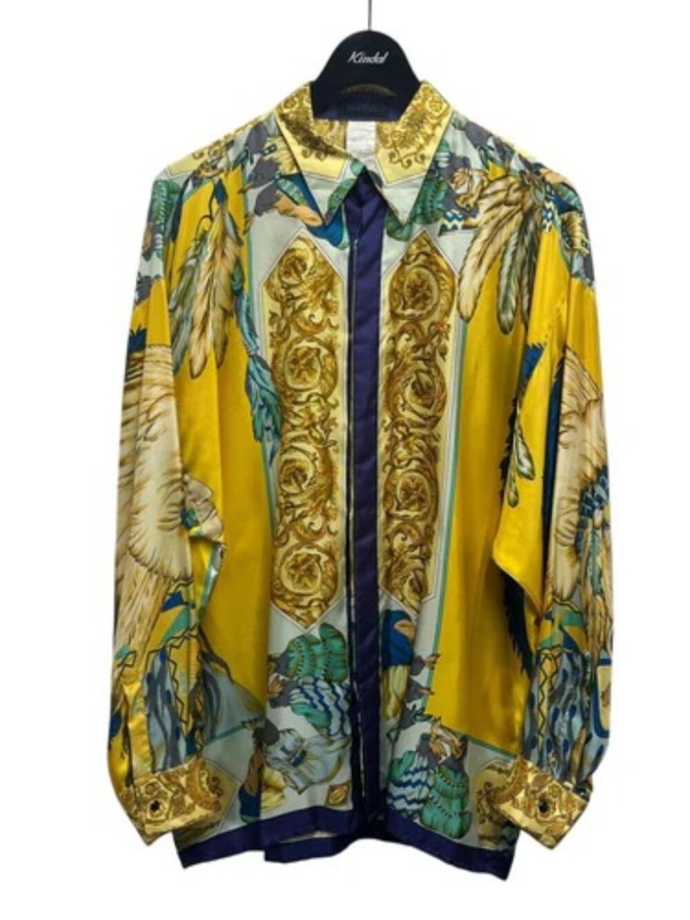 Versace Istante 100% Silk Shirt Vintage 90s Native American Chief Yellow 46IT